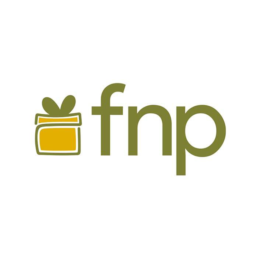'Green 'fnp' logo with a gift box and bow illustration.'
